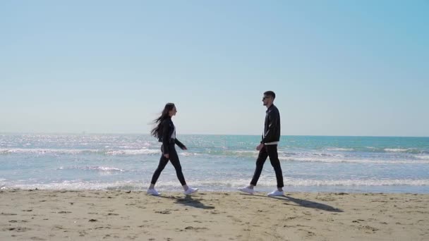 若いスタイリッシュなカップルのシルエットは 海や海で満たしています 男は少女に近づく 彼らはお互いに行きます ブラックレザージャケットや服で魅力的なファッション スローモーション 水の背景 — ストック動画