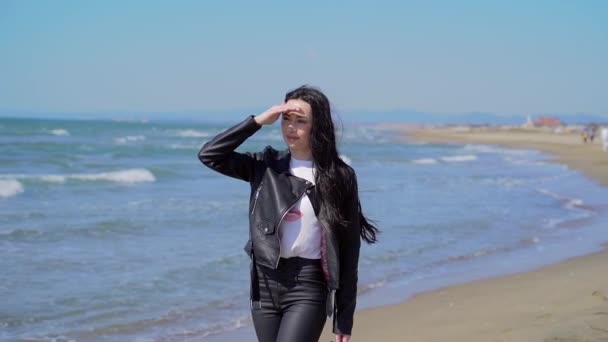 Portrait Young Stylish Attractive Girl Walking Standing Alone Sea Ocean — Stock Video