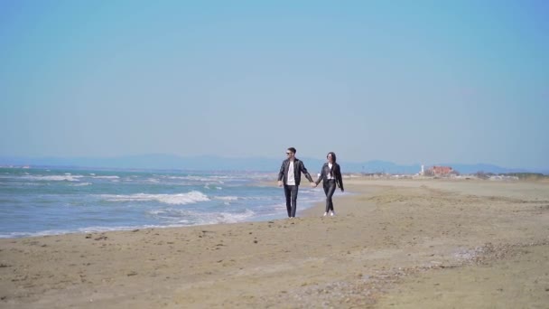 Jovem Casal Elegante Feliz Turistas Mãos Dadas Correndo Caminhando Pelo — Vídeo de Stock