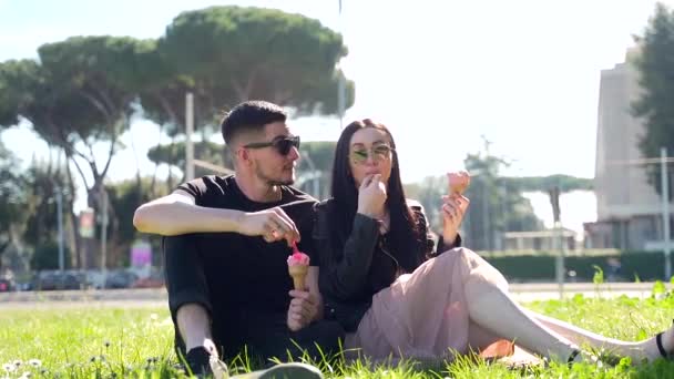 Retrato Joven Pareja Turistas Sentados Gafas Sol Parque Césped Come — Vídeo de stock