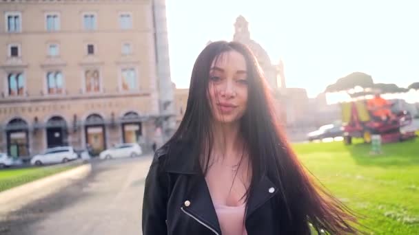Portrait Stylish Attractive Brunette Girl Goes Looking Posing Camera Turns — Stock Video