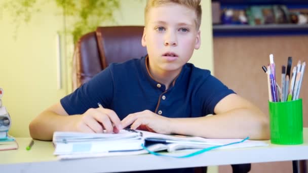 Close Portret Van Een Jonge Leuke Jongen Schooljongen Liggend Aan — Stockvideo