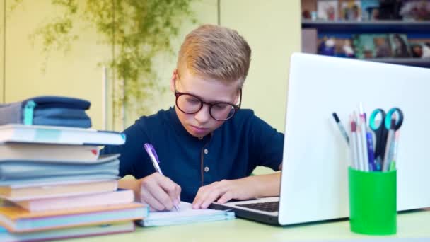 Retrato Pequeno Menino Escola Bonito Ensina Lições Sentadas Uma Mesa — Vídeo de Stock