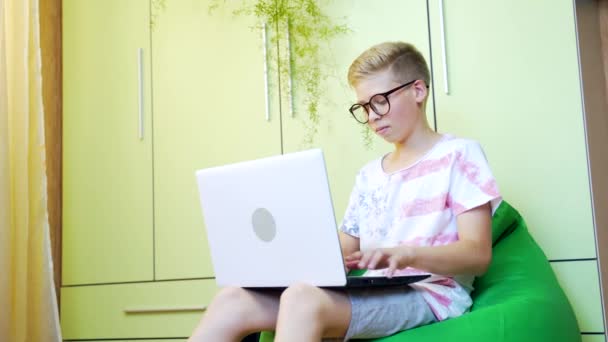 Roztomilý Chlapec Používá Bílý Notebook Sedí Zeleném Křesle Taška Brýlemi — Stock video