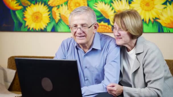 Old Senior Attractive Smiling Couple Making Video Call Family Living — Stock Video