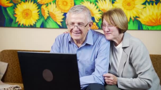 快乐可爱的老夫妇使用笔记本电脑隔离在客厅检疫 祖父母在眼镜下独自在家里上网 — 图库视频影像