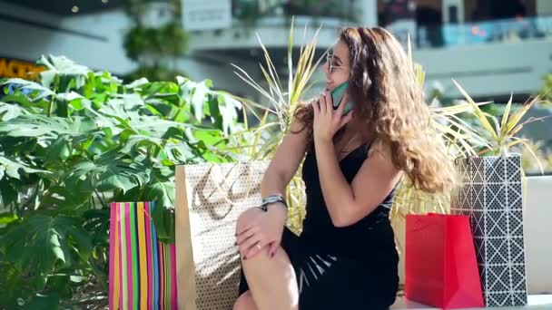 Retrato Uma Jovem Feliz Sorrindo Shopaholic Mulher Alegremente Falando Telefone — Vídeo de Stock