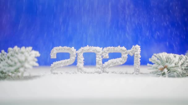Tutup. Tahun baru 2021 kepingan salju jatuh. — Stok Video