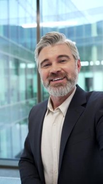 POV dikey. Gülümseyen işadamı telefonda telefonda konuşuyor. Resmi takım elbiseli bir girişimci, kameraya el sallıyor. Müşteri veya iş ortağıyla çevrimiçi görüşme