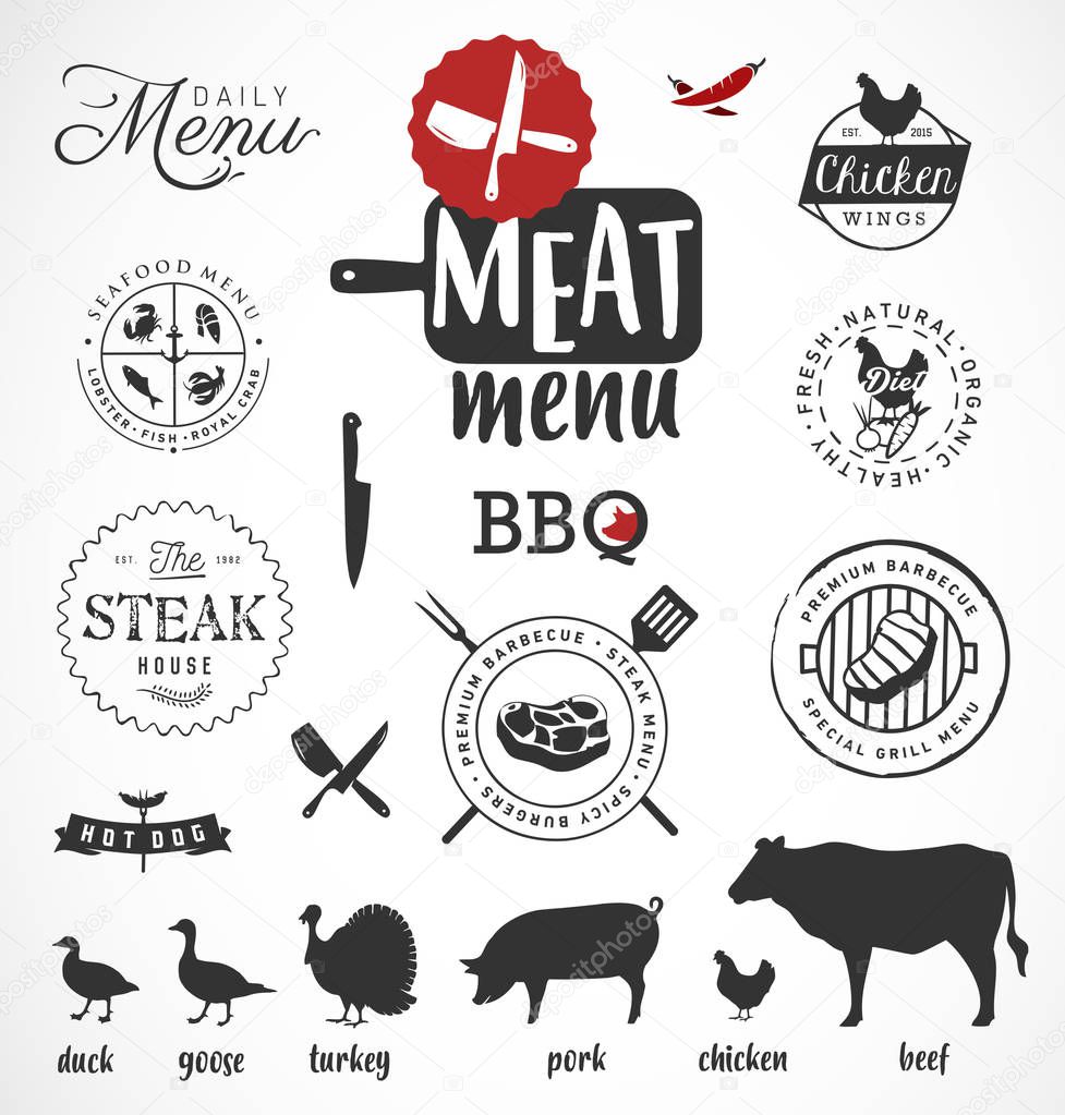 Meat Menu Icon Illustrations. 100% Organic Meat Modern Vector