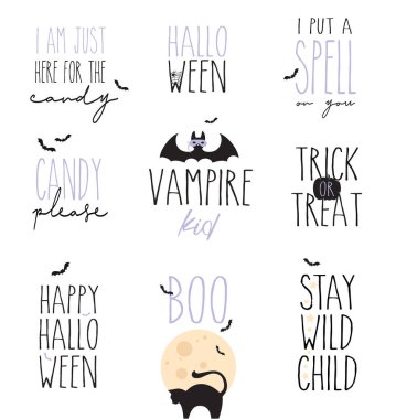 Cadılar Bayramı için şirin tasarım elementleri seti. Cadılar Bayramı tasarım şablonu. Tebrik kartı şablonu. Vektör illüstrasyonu