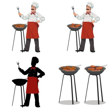 Şef barbekü yemek yapıyor. Dört illüstrasyonlar kümesi