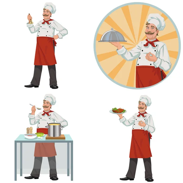 Chef Souriant Offre Goûter Des Aliments Délicieux — Image vectorielle