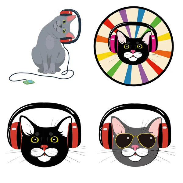 Gato Divertido Los Auriculares Musicales Conjunto Cuatro Ilustraciones — Archivo Imágenes Vectoriales