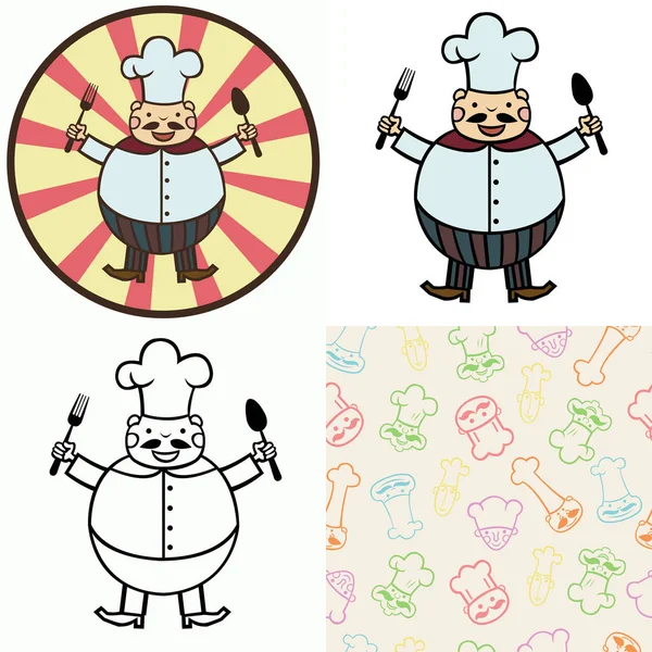 Divertente Cuoco Del Fumetto Con Cucchiaio Forchetta Set Quattro Illustrazioni — Vettoriale Stock