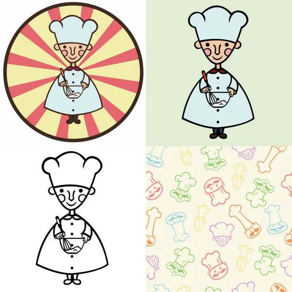 Divertente Cartone Animato Cuoco Panna Montata Piatto Set Quattro Illustrazioni — Vettoriale Stock