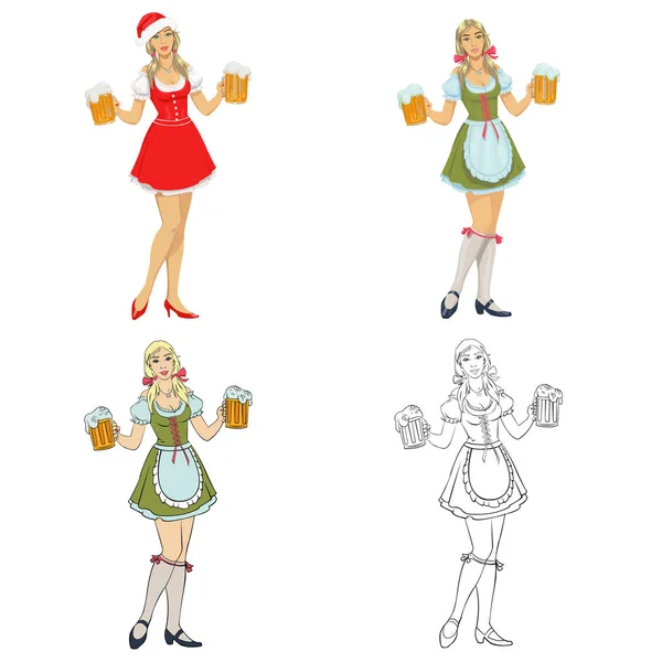 Hermosa Chica Vestido Con Cerveza Conjunto Cuatro Ilustraciones Vectores De Stock Sin Royalties Gratis