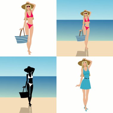 Güzel ince kız. dört illüstrasyonlar kümesi