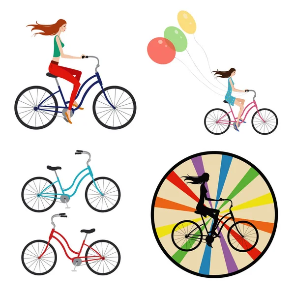 Junges Mädchen Auf Einem Fahrrad Set Von Vier Illustrationen — Stockvektor