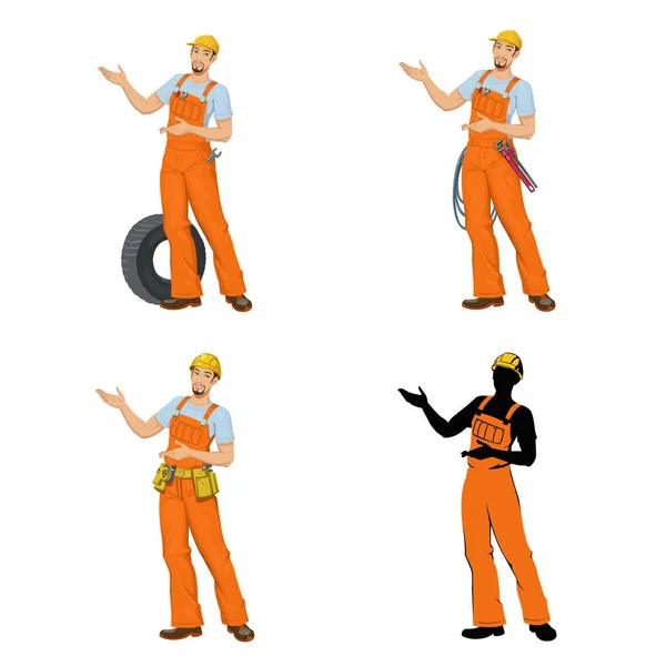 Young Men Overalls Set Four Illustrations — Stock Vector