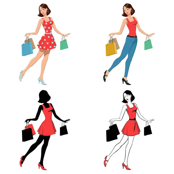 Shopping Girl Ensemble Quatre Illustrations — Image vectorielle