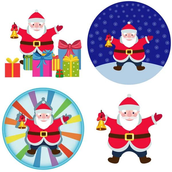 Cartoon Santa Claus Christmas Bell Set Four Illustrations — Stock Vector