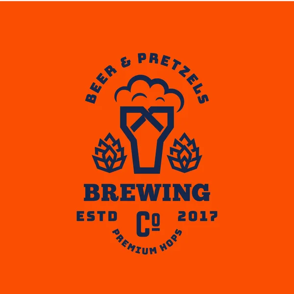 Birra e pretzel Astratto Vettoriale Retro Simbolo o logo Template. Vintage Typography Premium Brewing Sign. Vetro con schiuma ed emblema creativo Bagel . — Vettoriale Stock