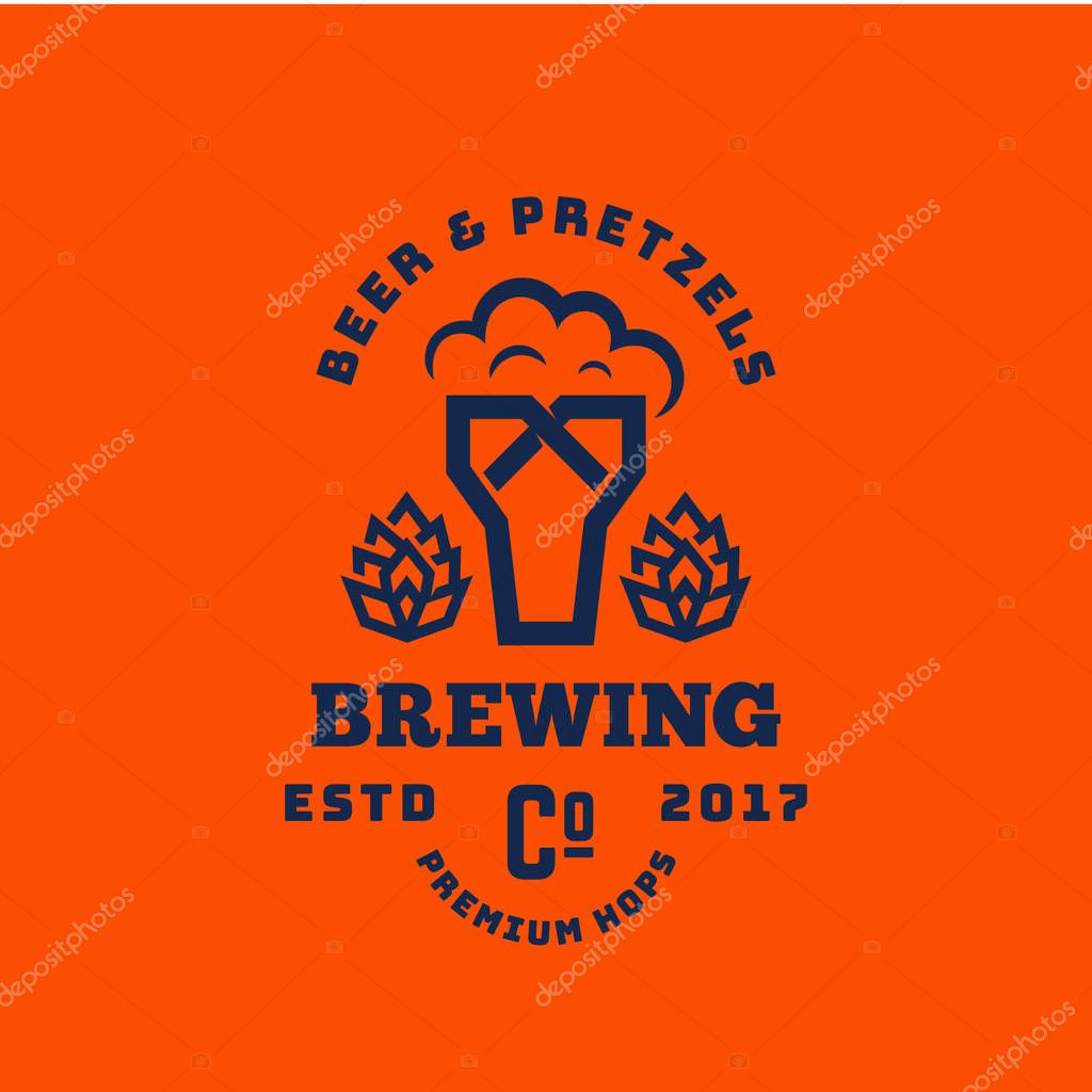 Beer and Pretzels Abstract Vector Retro Symbol or Logo Template. Vintage Typography Premium Brewing Sign. Glass with Foam and Bagel Creative Emblem. Orange Background.