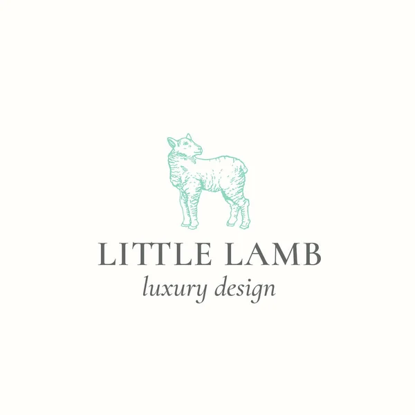 Little Lamb streszczenie wektor znak, Symbol lub Logo szablon. Ręcznie rysowane Grawerowanie Sillhouette owiec z Retro typografii. Emblemat wektor rocznika luksusowy. — Wektor stockowy