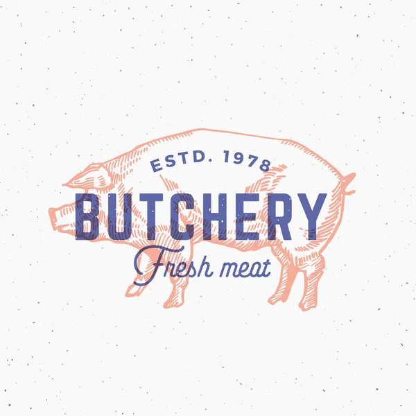 Retro Print Effect Butchery. Abstract Vector Sign, Symbol or Logo Template. Hand Drawn Pig Sillhouette with Typography. Vintage Emblem or Stamp. — Stock Vector