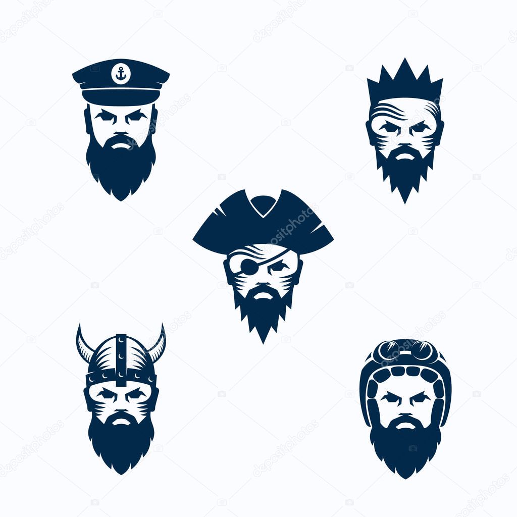 Set of Vector Men Face Silhouettes. Bearded Faces of Warrior, Captain, Pirate, King and Biker. Abstract Emblems, Sport Team Signs or Logo Templates. Isolated.