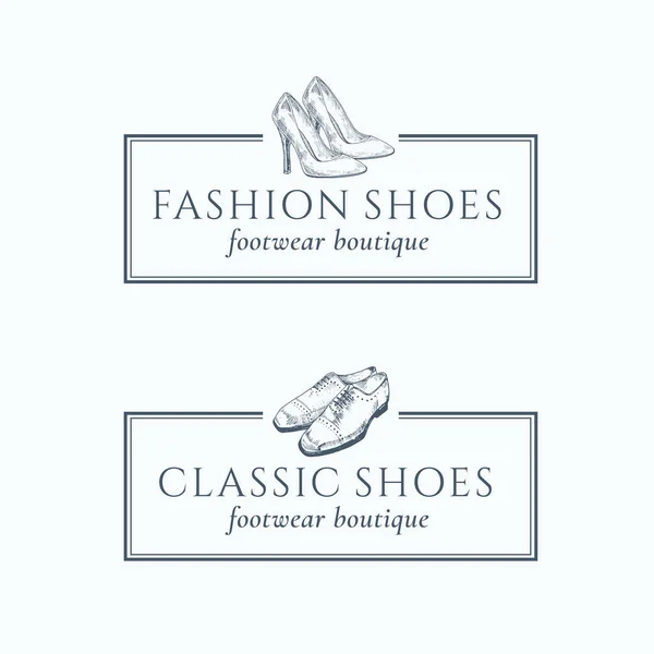 Κλασικό Fashion παπούτσια υποδήματα Boutique αφηρημένο διανυσματικό σημάδια, σύμβολα ή σύνολο προτύπων λογότυπο. Χειροποίητα κλασικά παπούτσια εικονογράφηση με ρετρό τυπογραφίας και αριστοκρατικό σύνορα. — Διανυσματικό Αρχείο