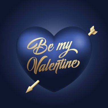 Altın harflerle Sevgililer Günü selamlar. Koyu mavi zemin üzerine ok ile vektör mavi kalp simgesi. Klas kartı veya Poster tipografi ile