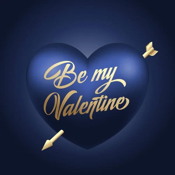 Golden Lettering Valentine Day Greetings (em inglês). Símbolo de coração azul vetorial com seta no fundo azul escuro. Cartão de classe ou cartaz com tipografia — Vetor de Stock