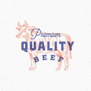 Premium kalite sığır eti. Retro yazdırma etkisi kartı soyut vektör işaret, sembol ya da Logo şablonu. El inek Sillhouette tipografi ile çekilmiş. Vintage amblem veya damga.