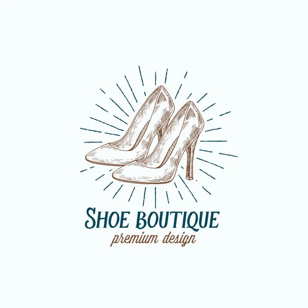 Schoen Boutique Retro Vector teken, symbool of Logo sjabloon. Hoge hakken vrouwen schoenen illustratie en Vintage typografie embleem. — Stockvector