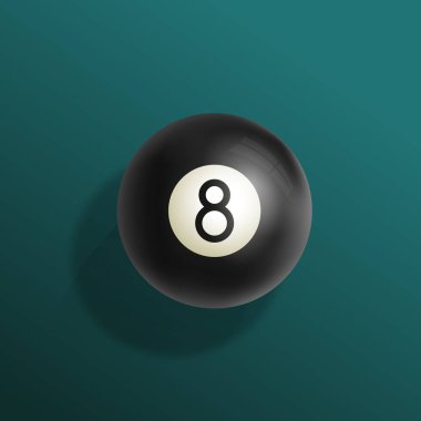 Bilardo sekiz top gerçekçi vektör çizim. Siyah küre ve yumuşak gölgeler ile yeşil havuzu masa örtüsü. Soyut şans sembolü kartı şablonu.