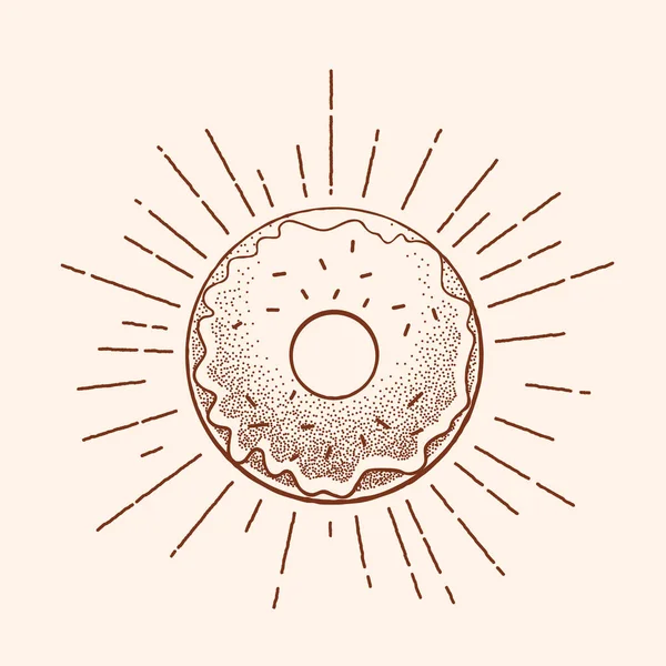 Illustration de tatouage vintage. Modèle de signe, de symbole ou de logo de donut vectoriel abstrait dans le style de travail de point et les rayons rétro . — Image vectorielle