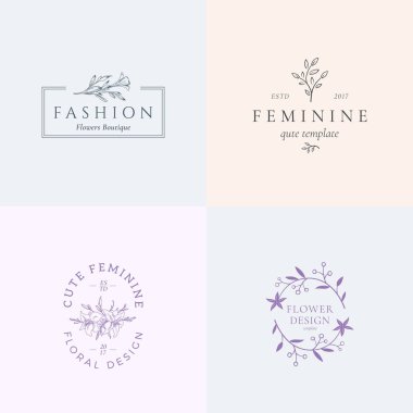 Soyut kadınsı vektör işaretleri veya Logo Şablonlar kümesi. Retro çiçek şekil şık tipografi ile. Premium kalite çiçek amblem güzellik salonları, Spa, düğün butikler, vb.