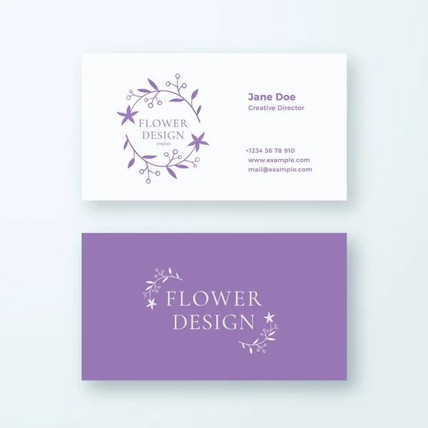 Abstract Feminine Flower Branch Vector Sign or Logo and Business Card Template. Premium Stationary Realistic Mock Up. Modern Typography and Soft Shadows. Good for Flower Boutique, Wedding Business. — Stock Vector