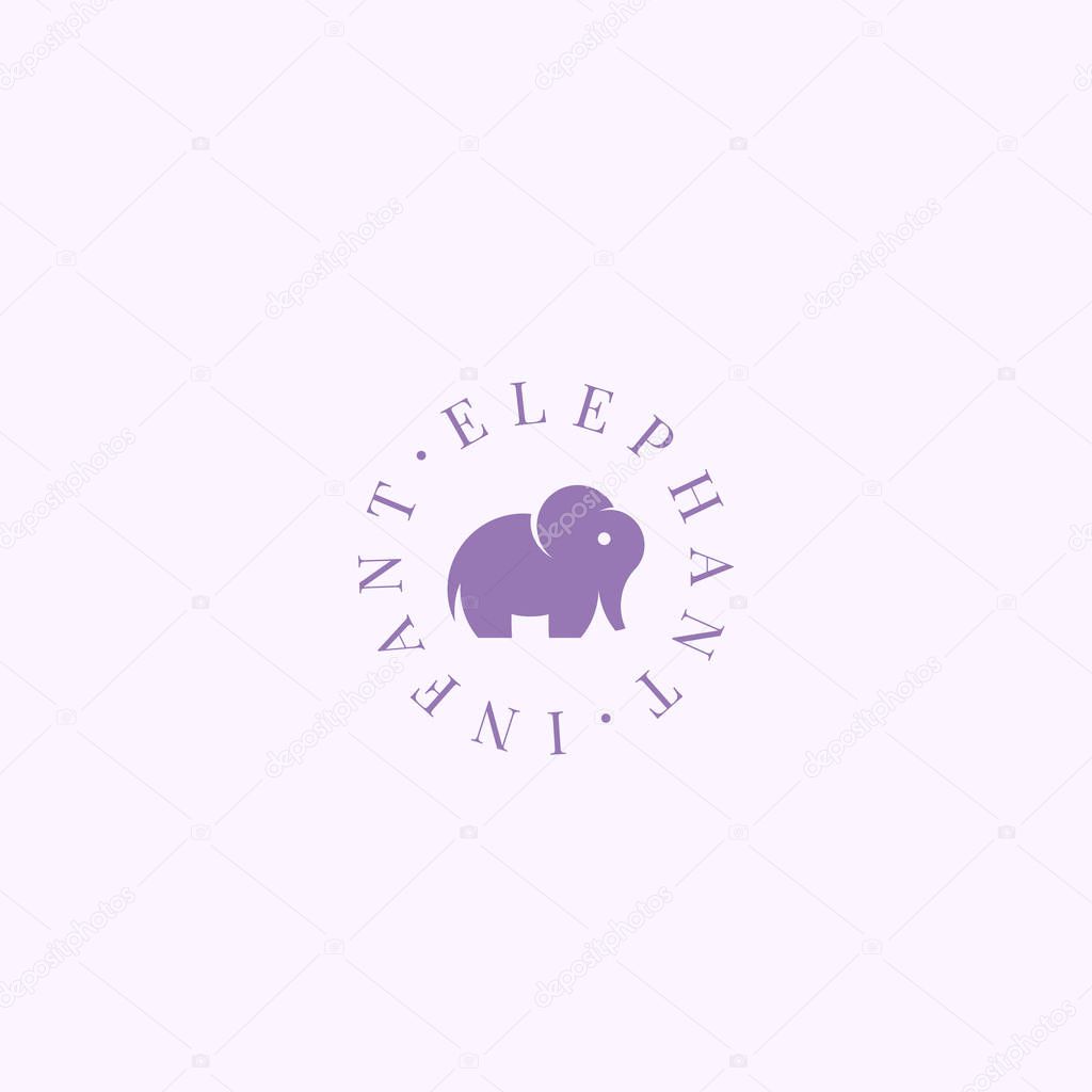 Infant Elephant Abstract Vector Sign, Symbol or Logo Template. Elegant Little Elephant Sillhouette with Retro Typography. Vintage Luxury Feminine Vector Emblem.