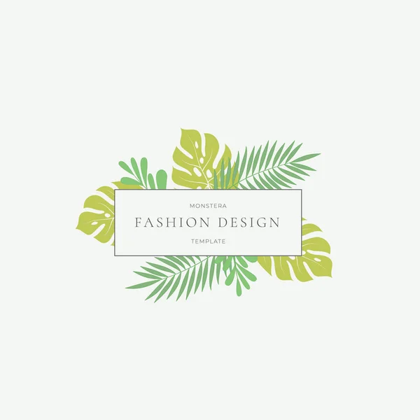 Monstera Tropical Leaves Fashion Sign o Logo Template. Follaje verde abstracto con borde rectángulo y tipografía con clase. Colores pastel . — Vector de stock