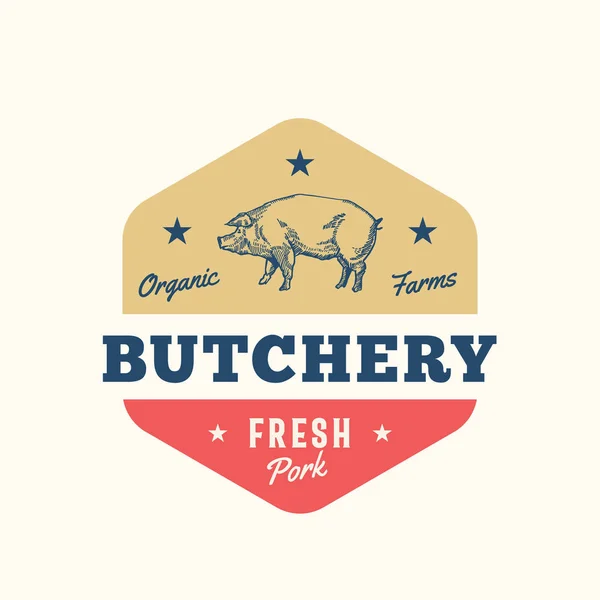 Organic Farm Butchery Abstract Vector Sign, Symbol or Logo Template. Hand Drawn Pig Sillhouette with Retro Typography. Pork Meat Vintage Badge or Emblem. — Stock Vector