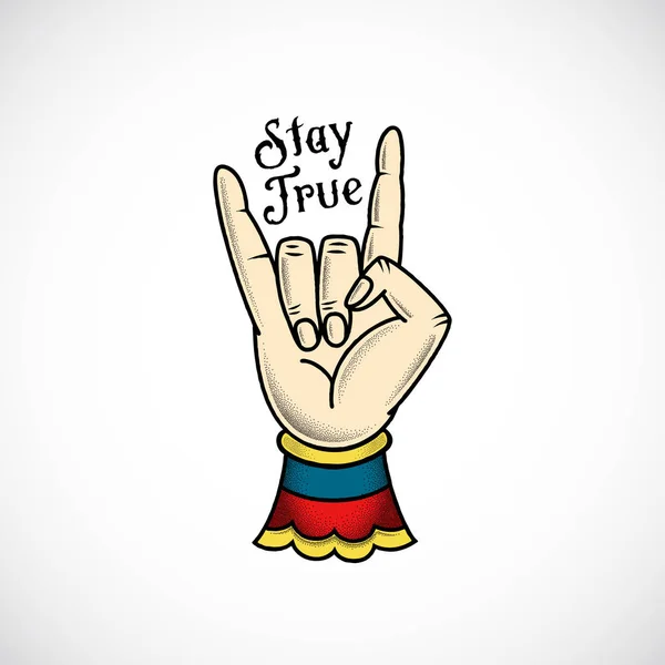 Rock Hand Retro Tattoo Style Abstrak Vector Sticker, Sign or Emblem with Stay True Message (dalam bahasa Inggris). Ilustrasi Vintage . - Stok Vektor