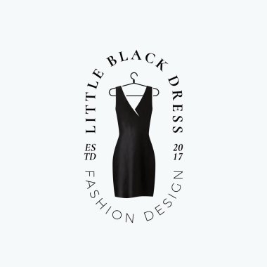 Küçük siyah elbise. Soyut vektör işaret, sembol ya da Logo şablonu. Moda butik amblemi ile şık tipografi.