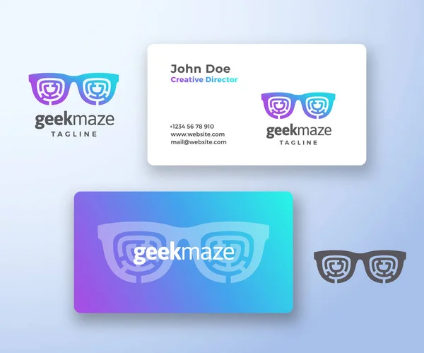 Geek Maze Abstract Vector Sign or Logo and Business Card Template. Premium Stationary Realistic Mock Up. Modern Typography and Soft Shadows. Glasses with Labyrinth Concept Emblem. — Stock Vector