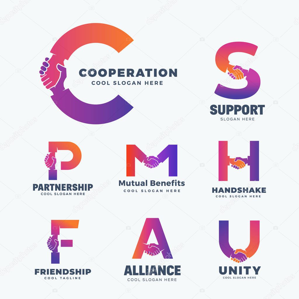 Handshake Letters Abstract Vector Sign, Symbol or Logo Templates Set. A Collection of Hand Shake Incorporated in Letters Concepts. Isolated.