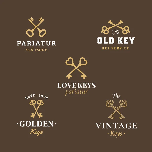 Retro Keys Emblems Set. Abstract Vector Signs, Symbols ou Modelos de Logo. Chaves cruzadas diferentes Sillhouettes com tipografia elegante. Vintage Vector Emblems . — Vetor de Stock