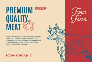 Premium kalite sığır eti. Soyut vektör et ambalaj tasarımı veya etiket. Modern tipografi ve elle çizilmiş inek siluet arka plan düzen