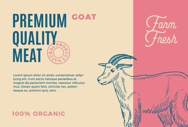Premium Quality Goat. Abstract Vector Meat Packaging Design or Label. Modern Typography and Hand Drawn Goat Silhouette Background Layout — Stock Vector